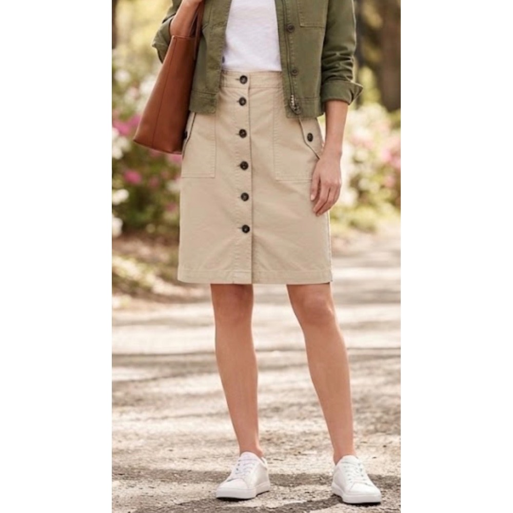 Ann Taylor Weekend Khaki Tan Button Front Midi Skirt Cargo Pockets Size 12